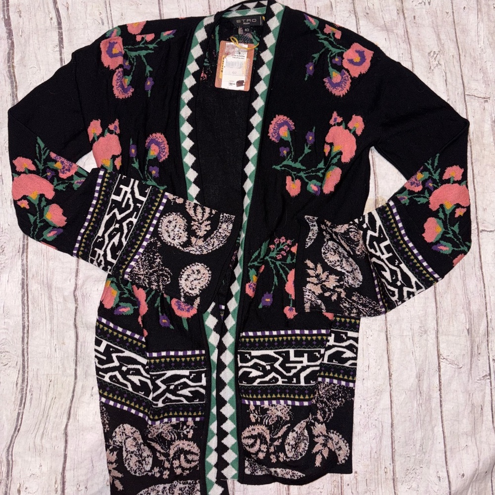 $1300 Entro Milano black wool blend floral print oversized cardi 40(4)